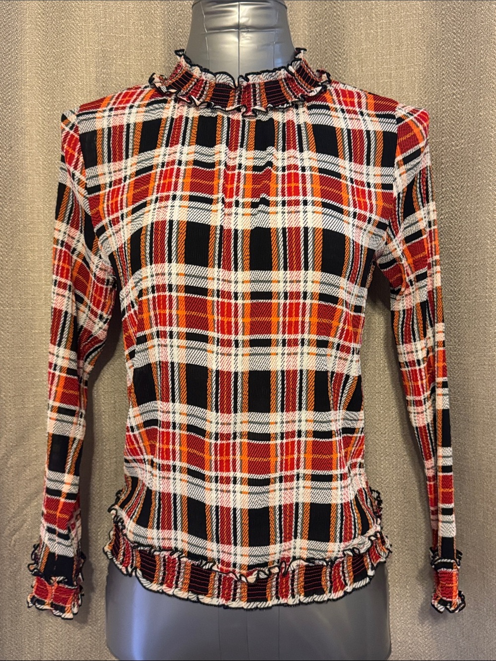 Red Plaid Ruffle-Trim Long Sleeve Top - Picture 3 of 5